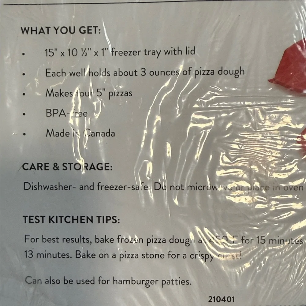 Pizza & Burger Freezer Tray 15”x10.5”x1” Makes Four 5” Pizzas